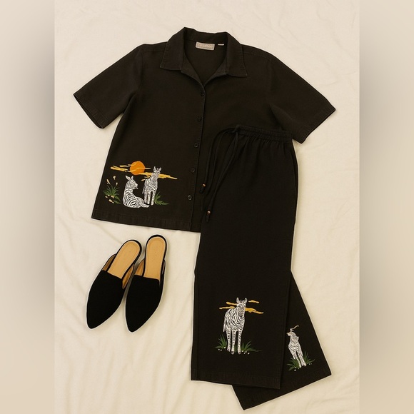 Jane Ashley Pants - Vintage  90s Jane Ashley Zebra Safari 2-Piece Set | Capri Pants & Button Shirt